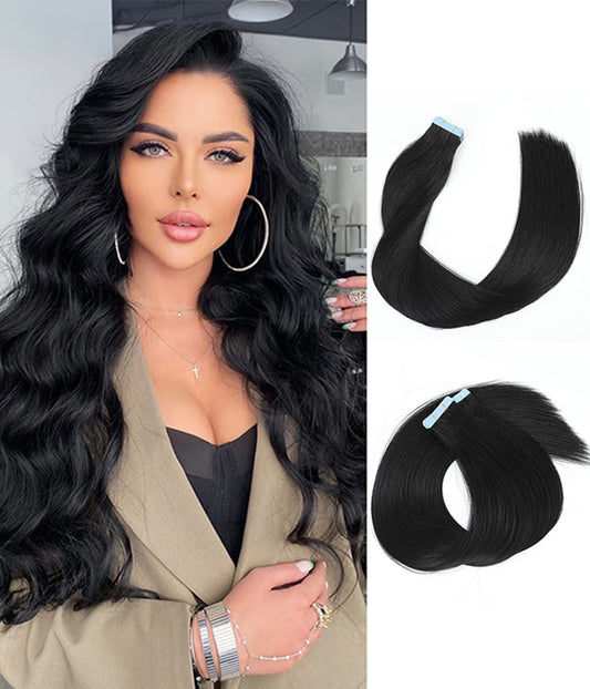 Rebecca 100% Hand-Tied Invisible Tape In Hair Extensions 20Pcs Virgin Human Hair - #1 Jet Black