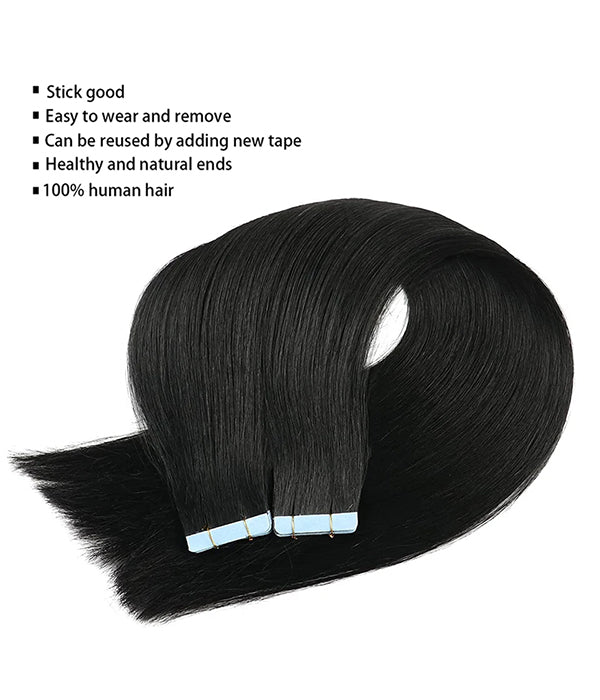 Rebecca 100% Hand-Tied Invisible Tape In Hair Extensions 20Pcs Virgin Human Hair - #1 Jet Black