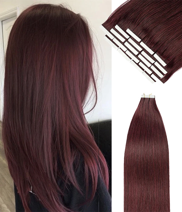 Rebecca 99J Tape In Hair Extensions 100% Remy Hair Silky Straight Seamless Tape In Human Hair Extensions - #99J Burgundy