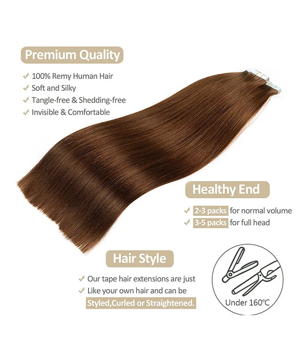 Rebecca Brazilian Hair Natural Color Hair Tape in Hair Extensions Human Hair Extensions - #4 Medium Brown