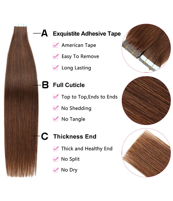 Rebecca Brazilian Hair Natural Color Hair Tape in Hair Extensions Human Hair Extensions - #4 Medium Brown